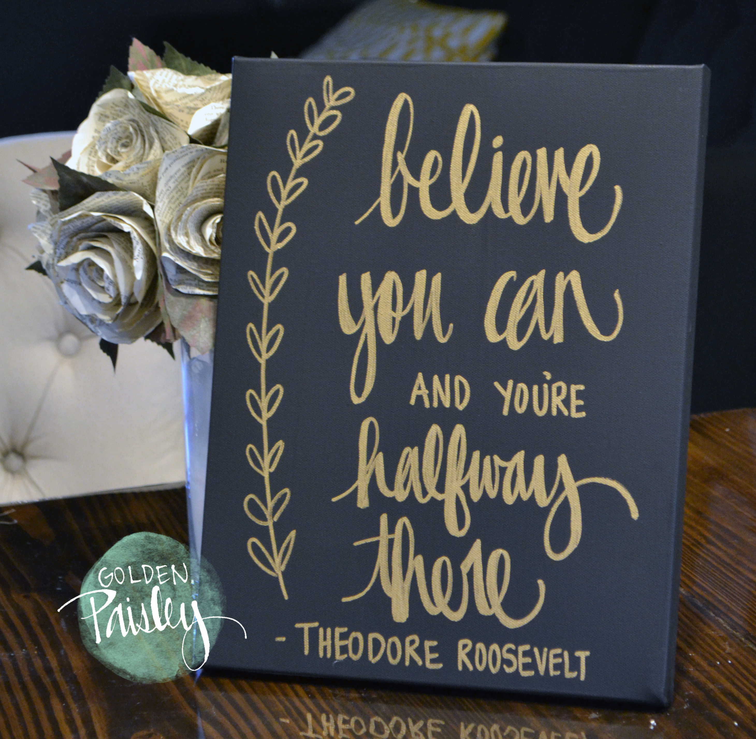 Black and Gold Inspirational Quote Wall Art “Believe You Can”