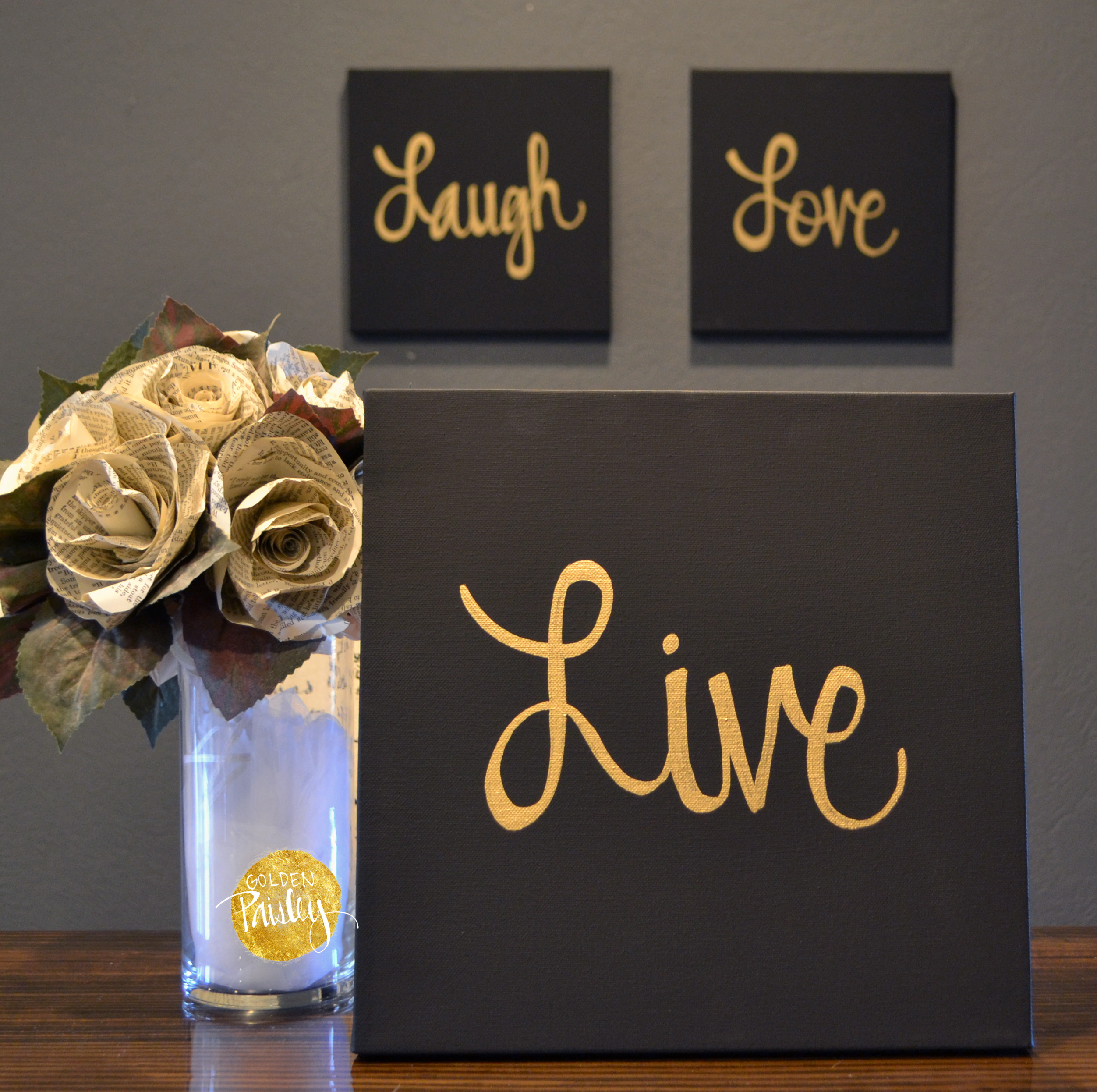 Live 3 Love Wall Laugh & Set Gold Black Decor Piece