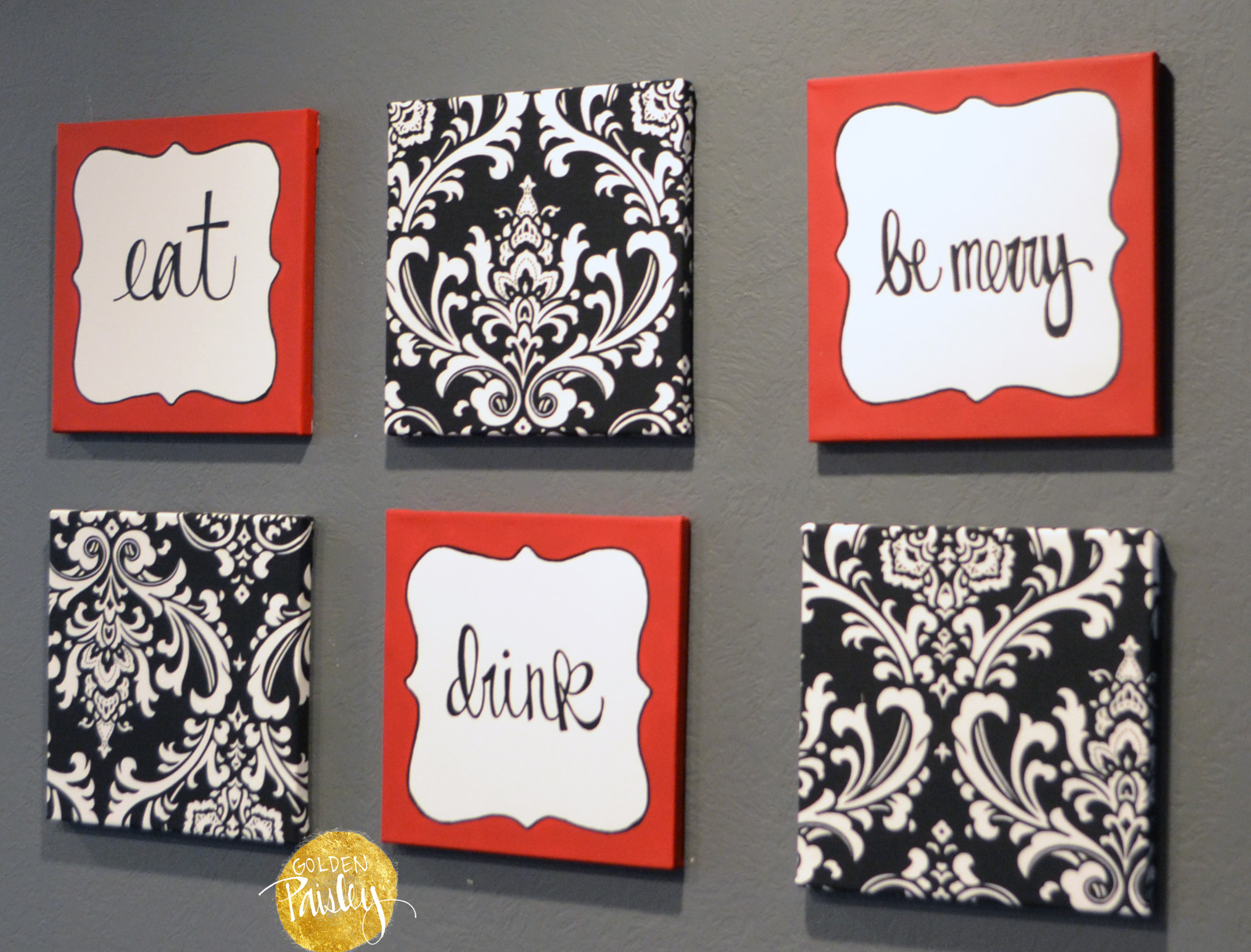  Red  and Black Damask Eat Drink Be Merry Chef  Wall  Decor  Set