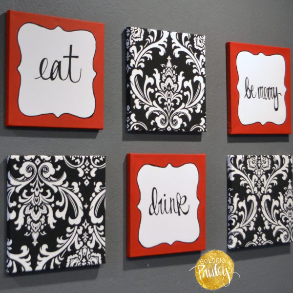 Red and Black Damask Eat Drink Be Merry Chef Wall Decor Set